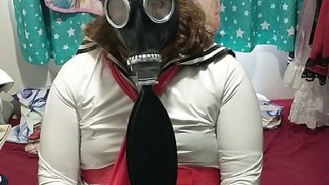 PVC Sissy School girl does breathplay latex mask gasmask Eva Helmet