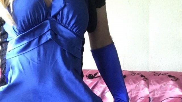 Huge cum on my blue satin eveing dress and my gloves